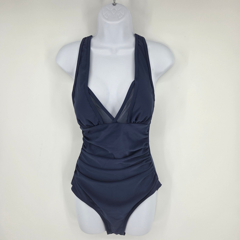 Cupshe Navy Blue Ruched V-Neck Mesh One Piece Swimsuit DAA12E5K001UU NWT Medium